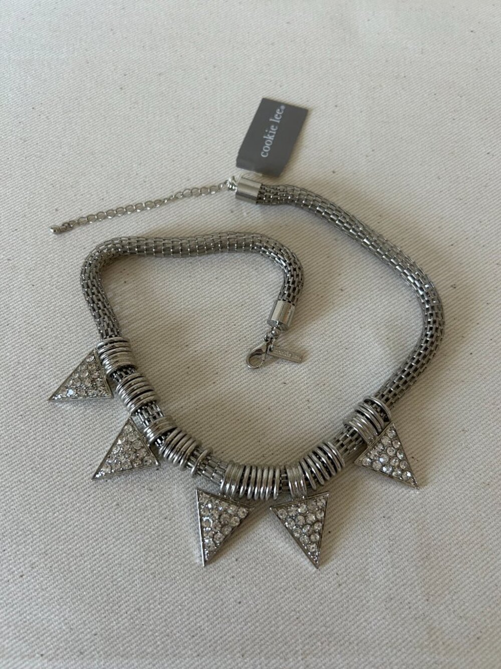 Cookie Lee Silver Mesh Choker Necklace Rhinestone Triangle Spikes - NWT